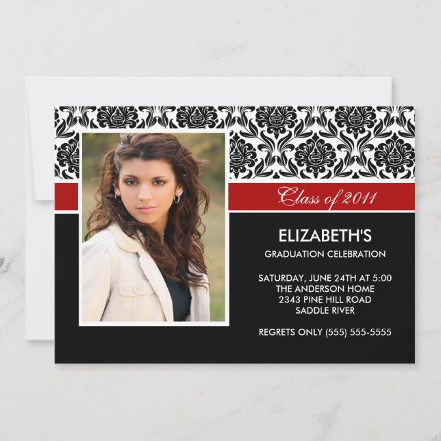 2011 Black Damask Photo Graduation Invitation Red (Front)