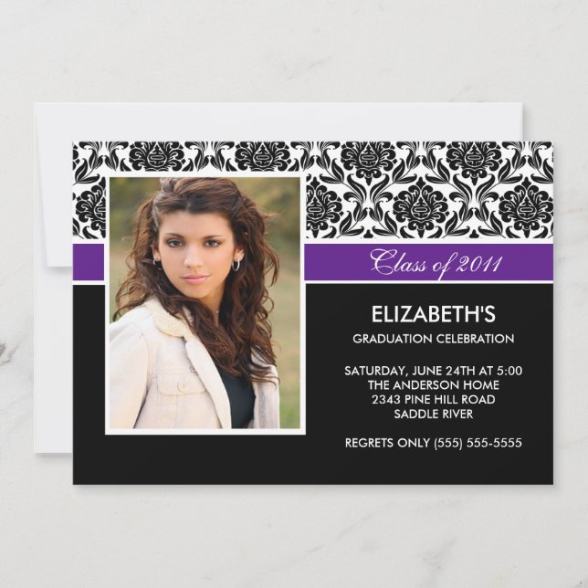 2011 Purple Damask Photo Graduation Invitation (Front)