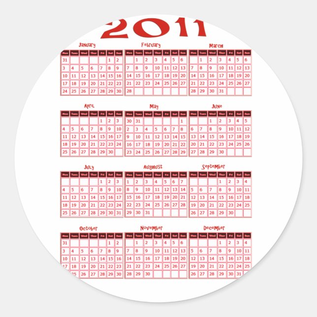 2011 Year at a Glance Calendar Classic Round Sticker (Front)