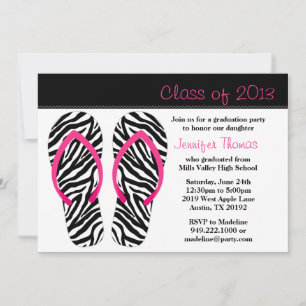 2013 Graduation Party Pink Black Zebra Flip Flops Invitation