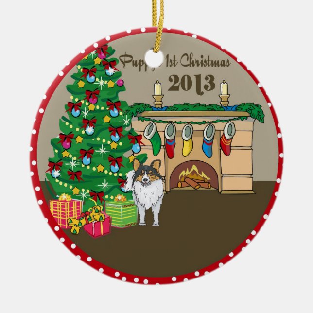 2013 Sheltie Puppys First Christmas Ceramic Tree Decoration (Front)