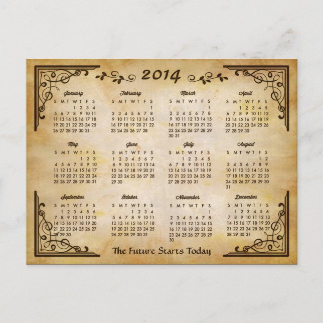 2014 Calendar - Antique Frame and Old Paper Style Postcard (Front)