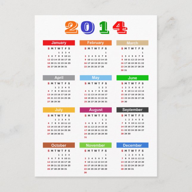 2014 Calendar - Standard Multiple Colours Theme Postcard (Front)