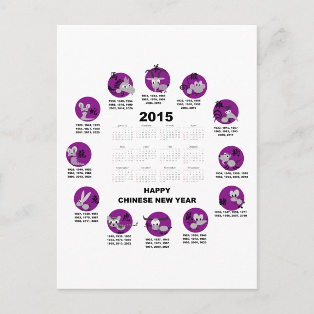 2015 Chinese Zodiac Calendar Happy Chinese New Yr Postcard (Front)