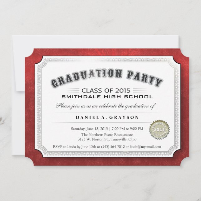 2015 Graduation Party Diploma Red & White Invite (Front)