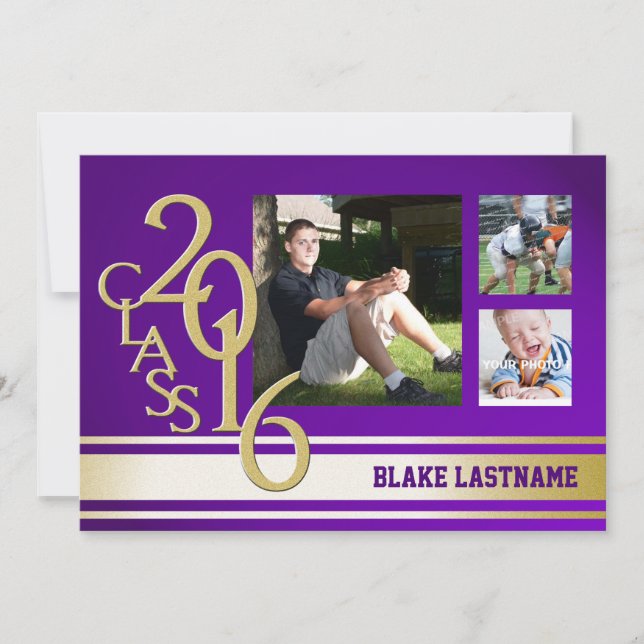 2016 Gold Purple Varsity Stripe Graduate Tri Photo Invitation (Front)