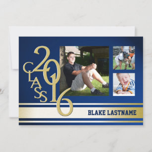 2016 Gold Varsity Stripe Graduate Tri Photo Blue Invitation