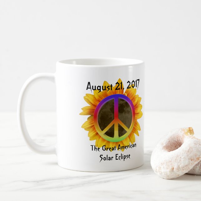 2017 Solar Eclipse, Sunflower and Peace Symbol Coffee Mug (With Donut)
