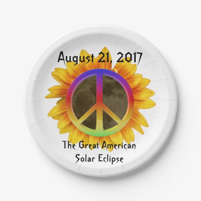 2017 Solar Eclipse, Sunflower and Peace Symbol Paper Plate (Front)