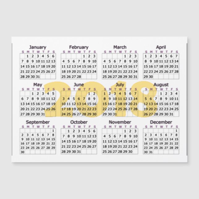 2018 Calendar Magnetic White and Yellow (Front)