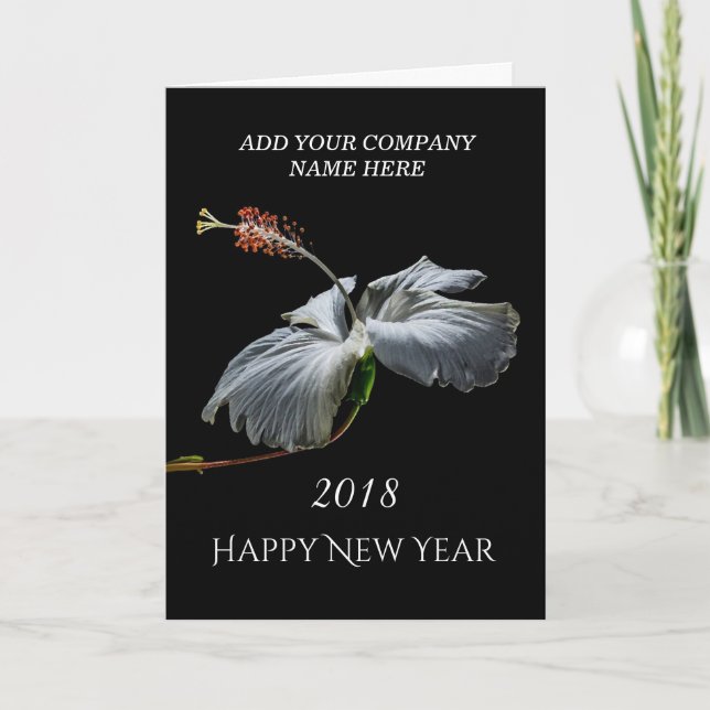 2018 Happy New Year - White Hibiscus Flower Holiday Card (Front)