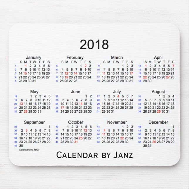 2018 Holiday 52 Weeks White Calendar by Janz Mouse Pad (Front)