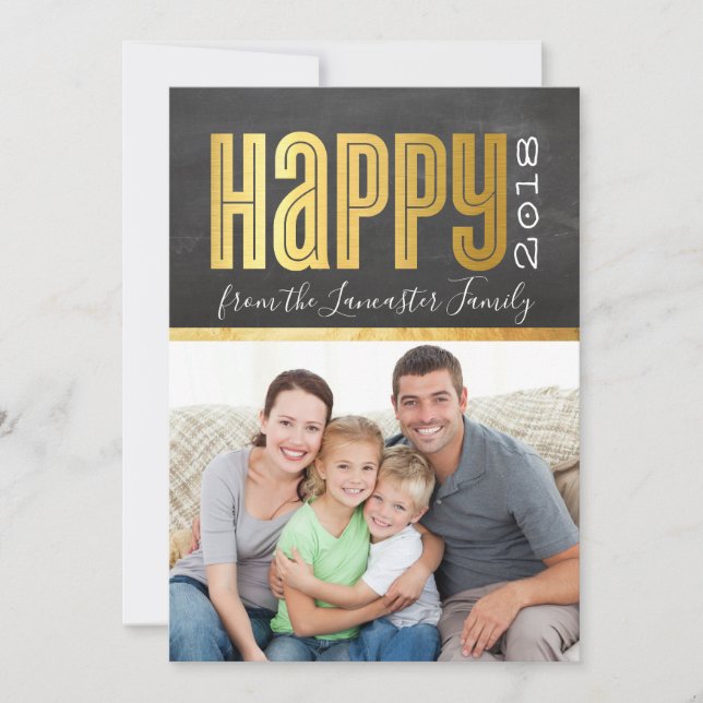 2018 NEW YEAR PHOTO stylish gold foil chalkboard Holiday Card (Front)