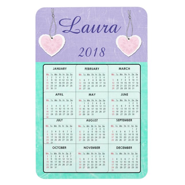 2018 Purple and Teal Mini Calendar Name Magnet (Vertical)