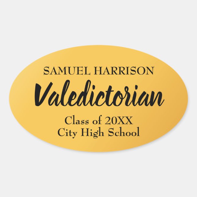 2018, Valedictorian Personalised Gold Graduation Oval Sticker (Front)