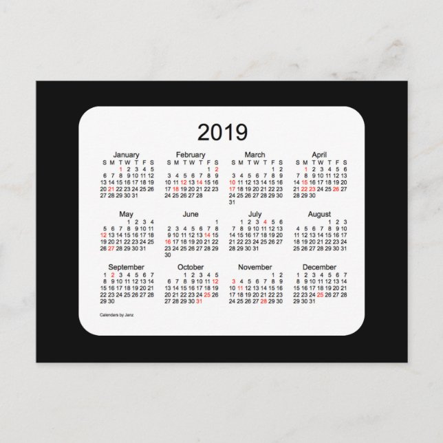 2019 Black Mini Holiday Calendar by Janz Postcard (Front)