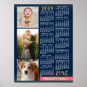 2019 Calendar Navy Coral Gold Family Photo Collage Poster