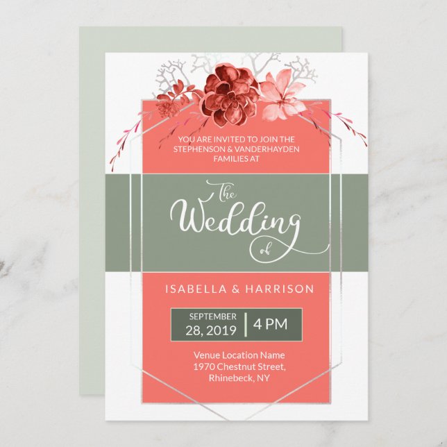 2019 Coral Sage Modern Floral Geometric Wedding Invitation (Front/Back)