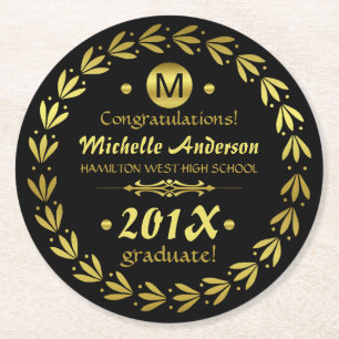2019 Graduation Party   Custom Gold Laurel Wreath Round Paper Coaster