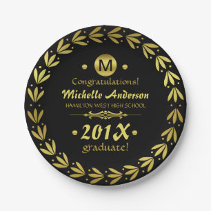 2019 Graduation Party   Laurel Wreath Gold Black Paper Plate