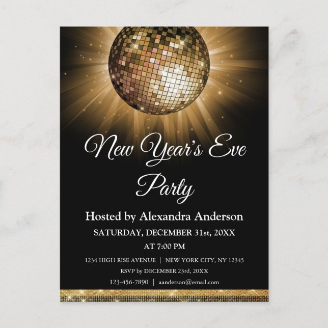 2019 New Year's Eve Party Gold Disco Ball Postcard (Front)