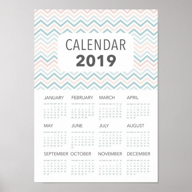 2019 pink and blue chevron calendar poster (Front)