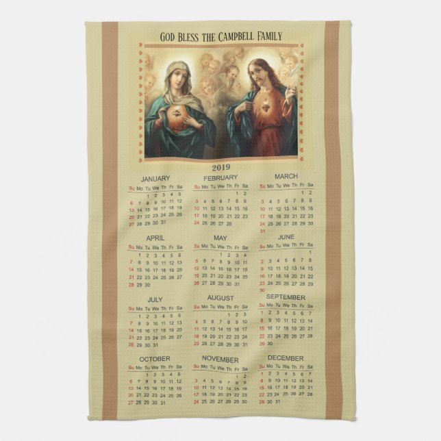 2019 Sacred Heart of Jesus & Mary Calendar Tea Towel (Vertical)