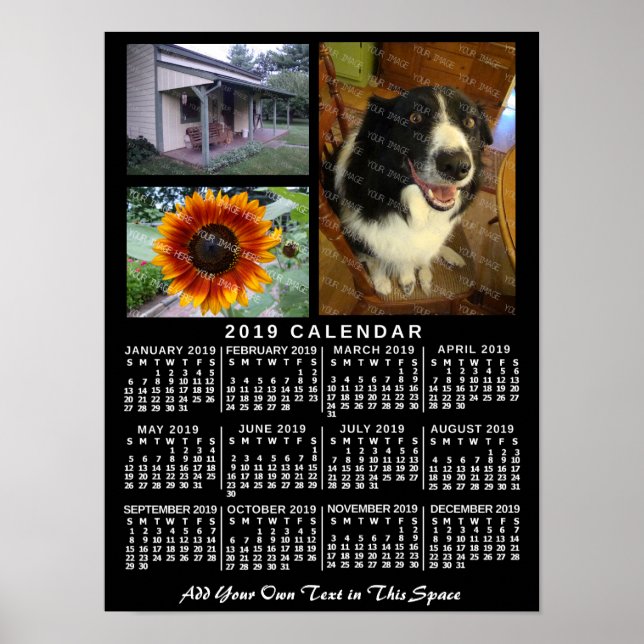 2019 Year Monthly Calendar Black Custom 3 Photos Poster (Front)