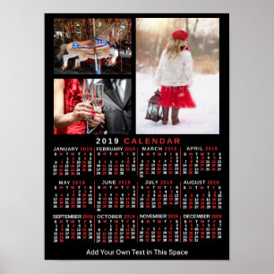 2019 Year Monthly Calendar Black Custom 3 Photos Poster