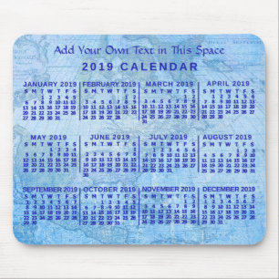 2019 Year Monthly Calendar Custom Blue Antique Map Mouse Pad