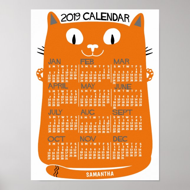 2019 Year Monthly Calendar Mid-Century Orange Cat Poster (Front)