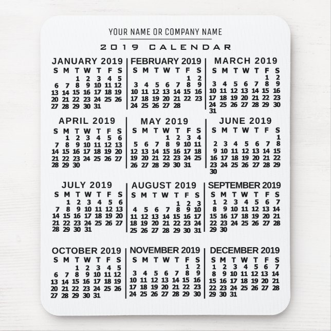 2019 Year Monthly Calendar White Black Custom Name Mouse Pad (Front)
