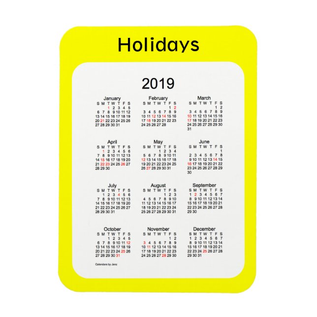 2019 Yellow Holiday Calendar by Janz Magnet (Vertical)