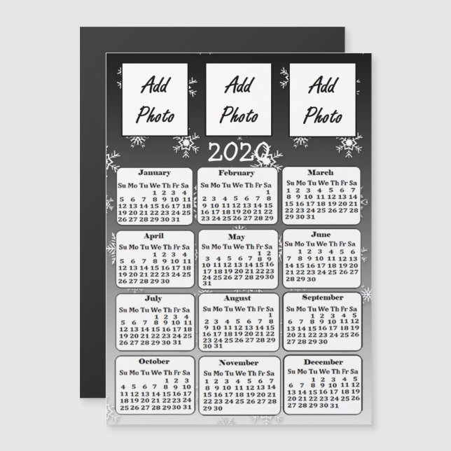 2020 Black and white Snowflakes Photo Calendar Magnetic Invitation (Front/Back)