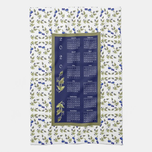 2020 Calendar Blueberries Stemmed Leaves Border Tea Towel (Vertical)