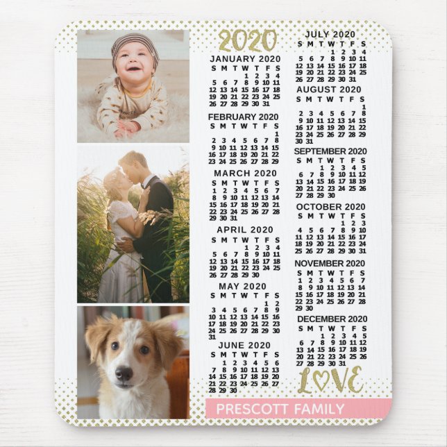 2020 Calendar Blush Pink Gold Family Photo Collage Mouse Pad (Front)