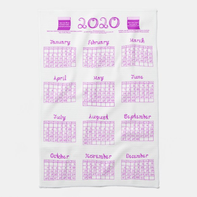 2020 calendar bolts fabric font orchid kitchen tea towel (Vertical)