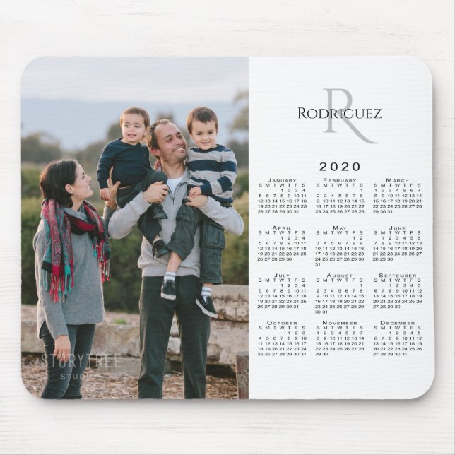 2020 Calendar Custom Photo Monogram Name on White Mouse Pad (Front)