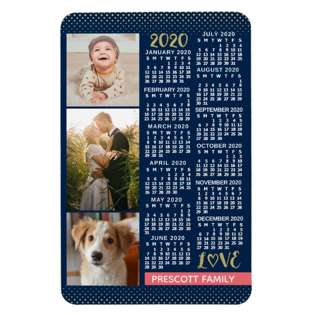 2020 Calendar Navy Coral Gold Family Photo Collage Magnet (Vertical)