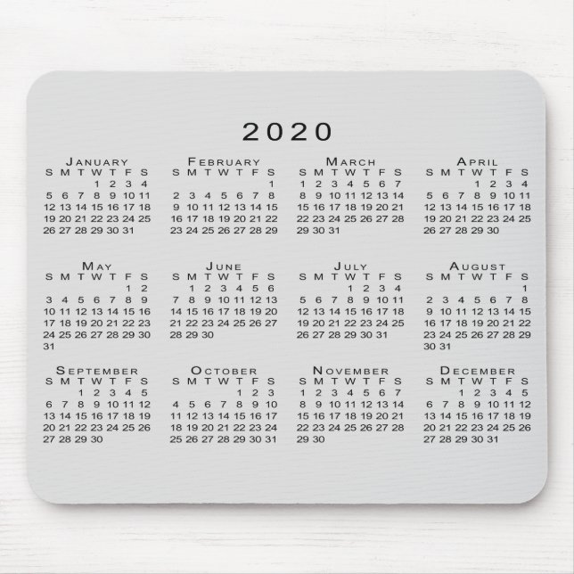 2020 Calendar Simple Grey and Black Mouse Pad (Front)