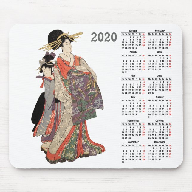 2020 calendar with vintage Japanese print Mouse Pad (Front)