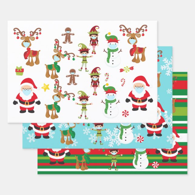 2020 Covid  Christmas Face mask Santa Reindeer Wrapping Paper Sheet (Set)