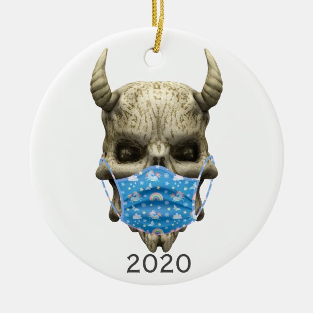 2020 Covid Demon Skull with Face mask Goth Ceramic Tree Decoration (Front)