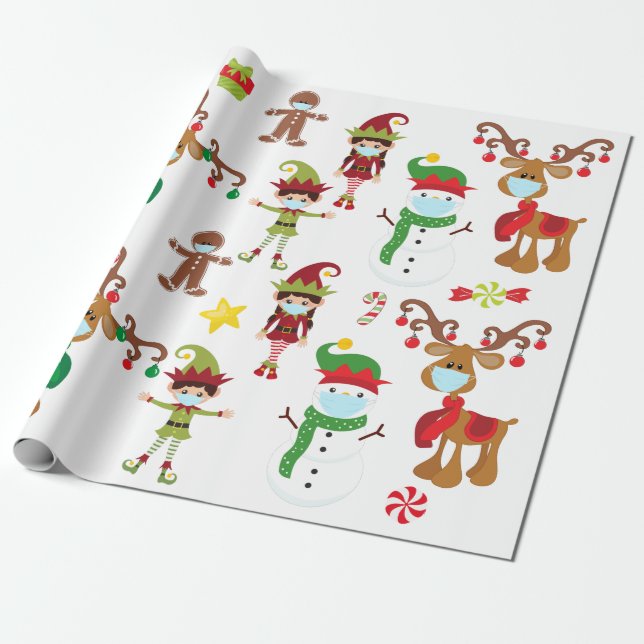 2020 Covid Quarantine Cute Christmas Face Mask Wrapping Paper (Unrolled)