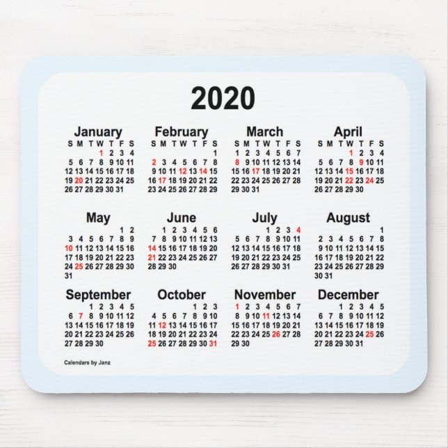 2020 Holiday Calendar by Janz Alice Blue Mouse Pad (Front)