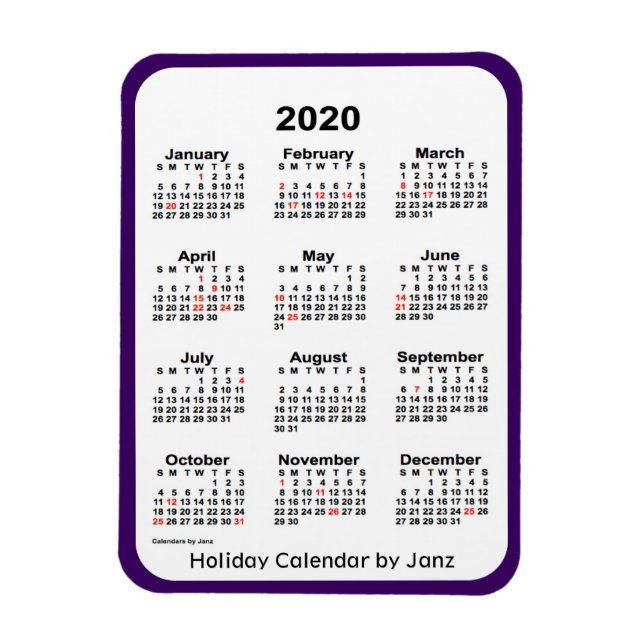 2020 Holiday Calendar by Janz Purple Magnet (Vertical)