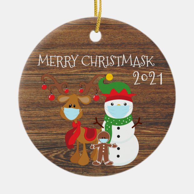 2020 Merry Christmask Reindeer Quarantine wood Ceramic Tree Decoration (Front)