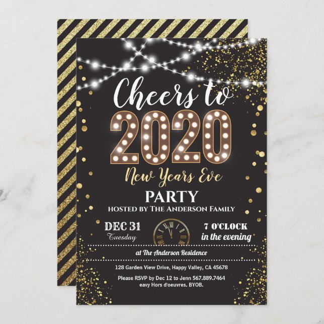 2020 new years eve party black and gold cheers invitation (Front/Back)