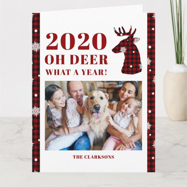 2020 Oh Deer Buffalo Plaid Snowflake Photo Card (Front)