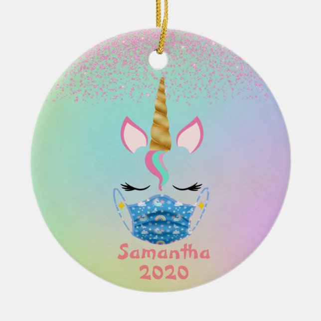 2020 Personalised Unicorn Face Mask Rainbow Ceramic Tree Decoration (Front)
